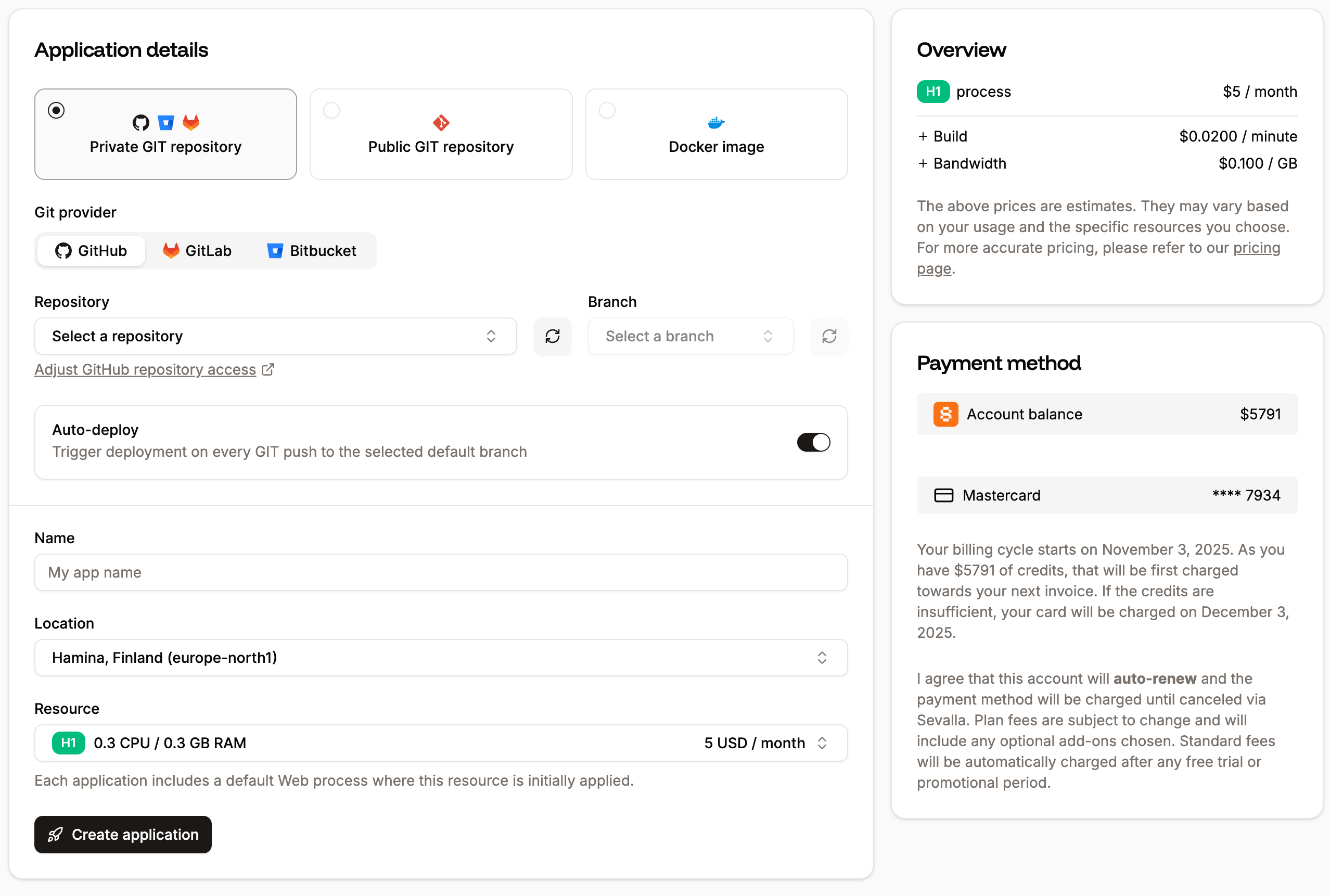 Add a new application using a private Git repository