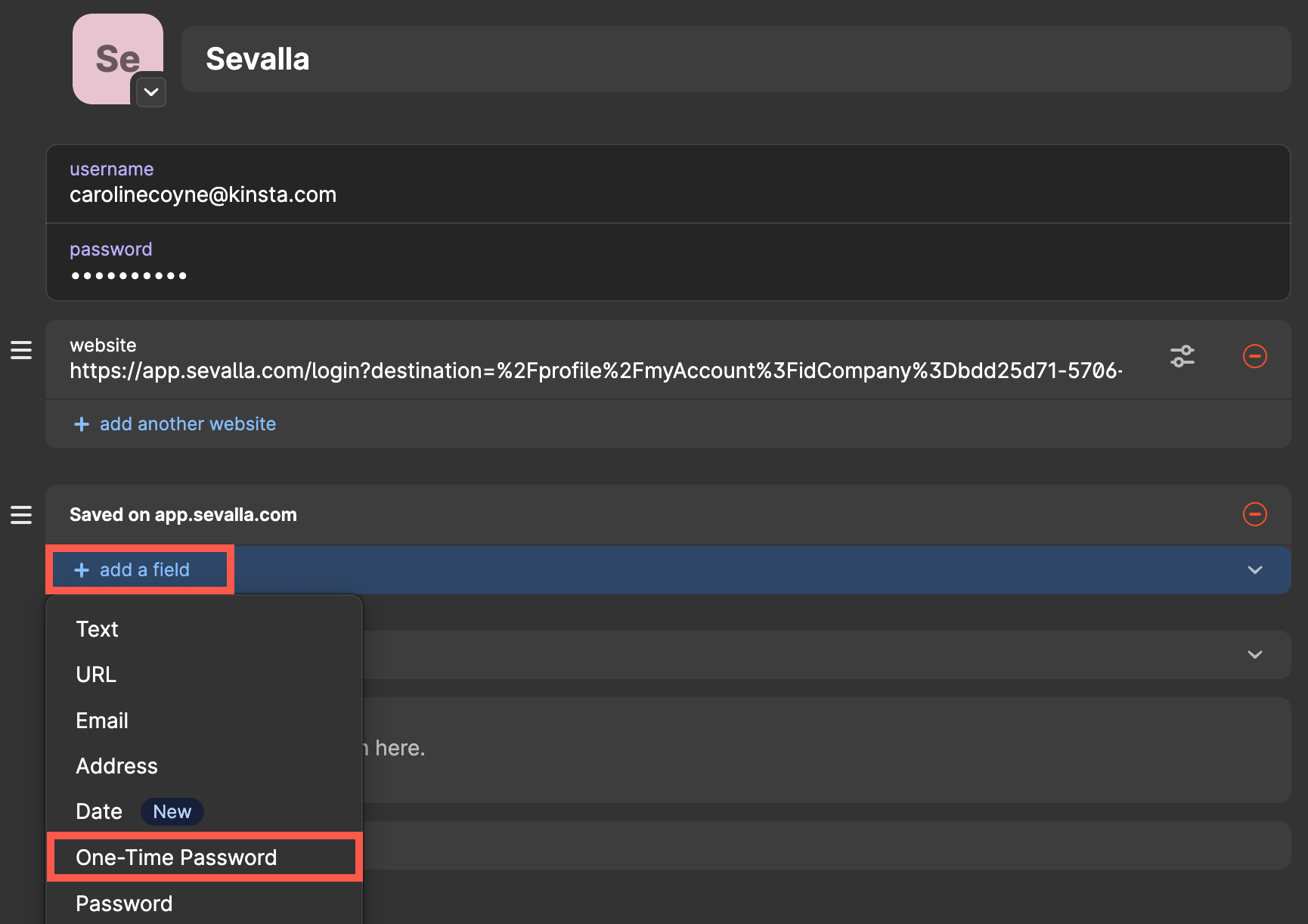 A Sevalla login item in 1Password with the add a field menu open and One-Time Password highlighted
