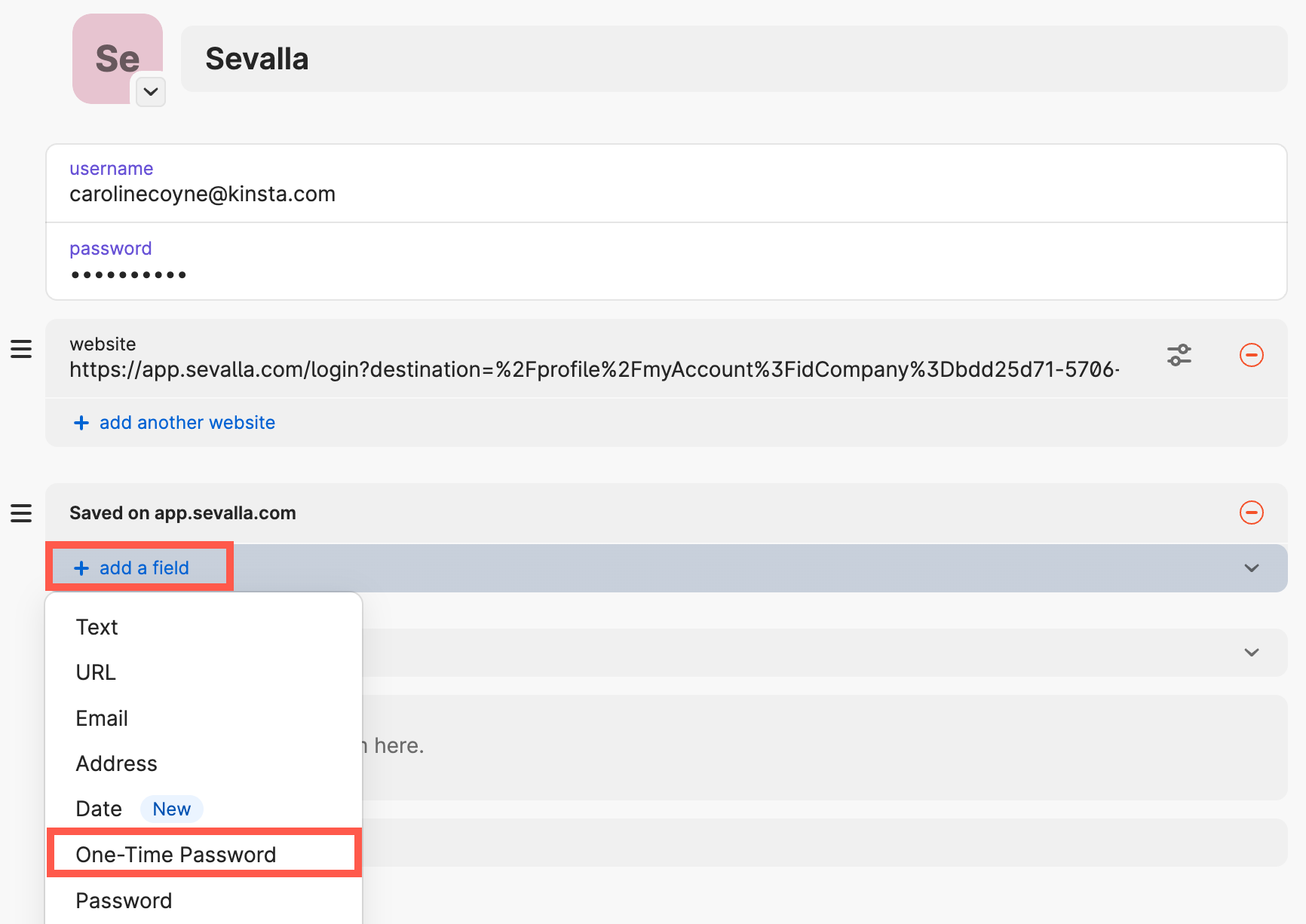 A Sevalla login item in 1Password with the add a field menu open and One-Time Password highlighted
