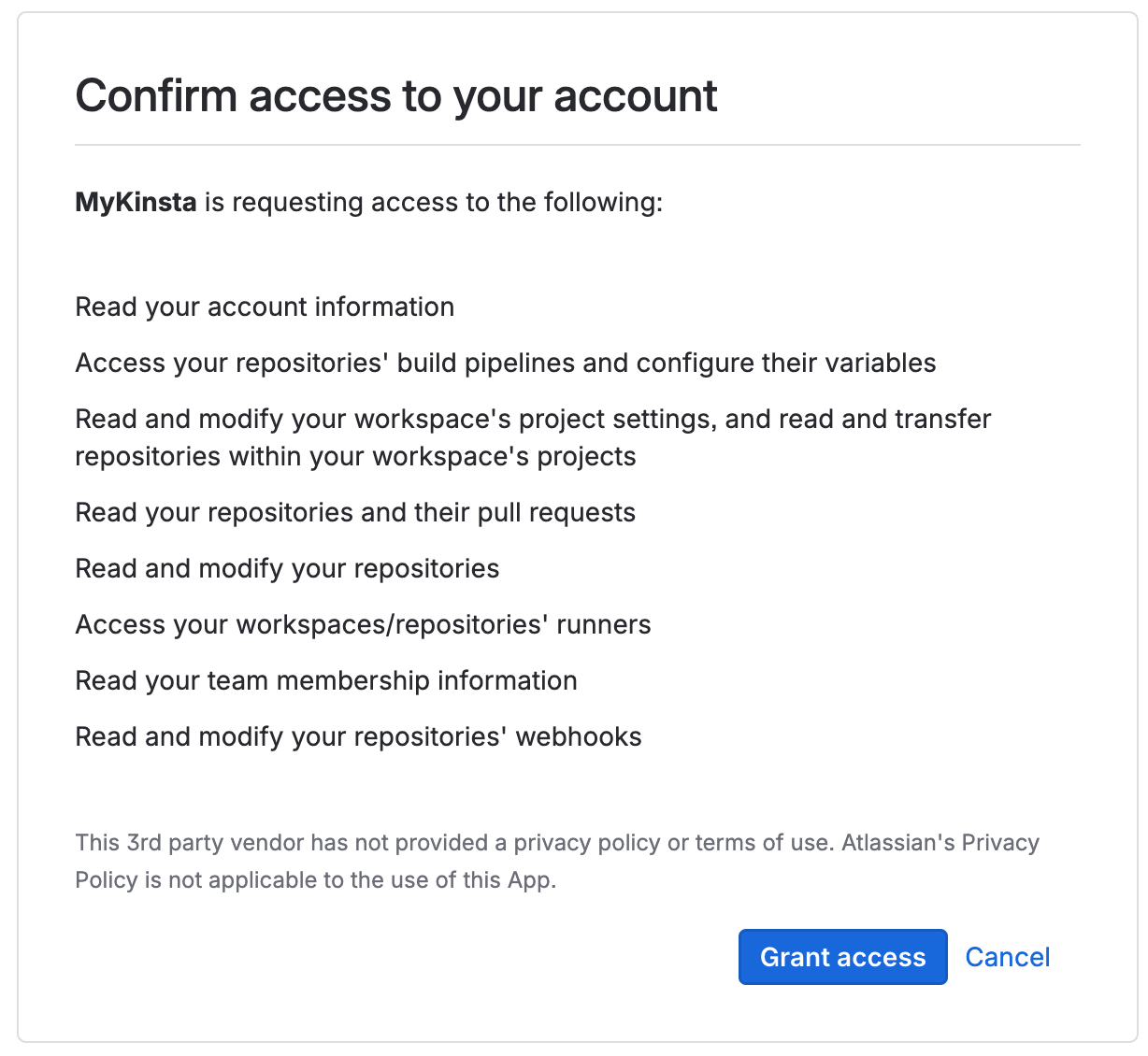 Bitbucket's Confirm access to your account page listing what MyKinsta requests, with a Grant access button
