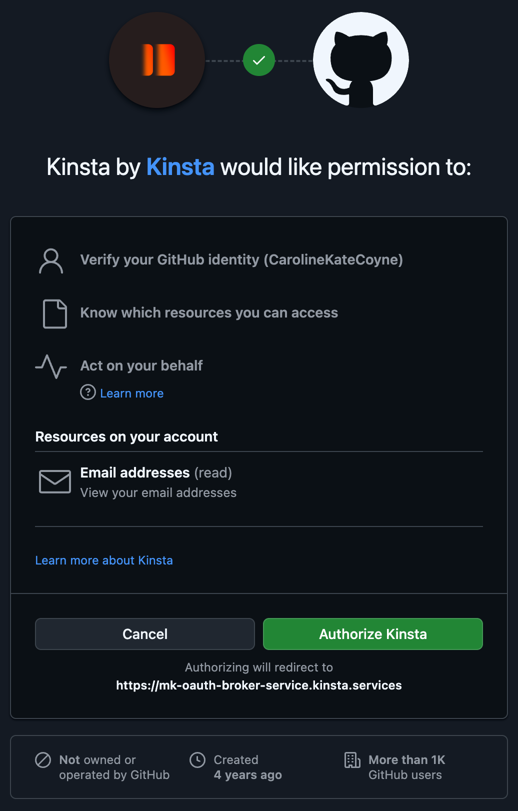 GitHub's authorization page: Kinsta by Kinsta would like permission to verify your identity, know which resources you can access and act on your behalf, with an Authorize Kinsta button