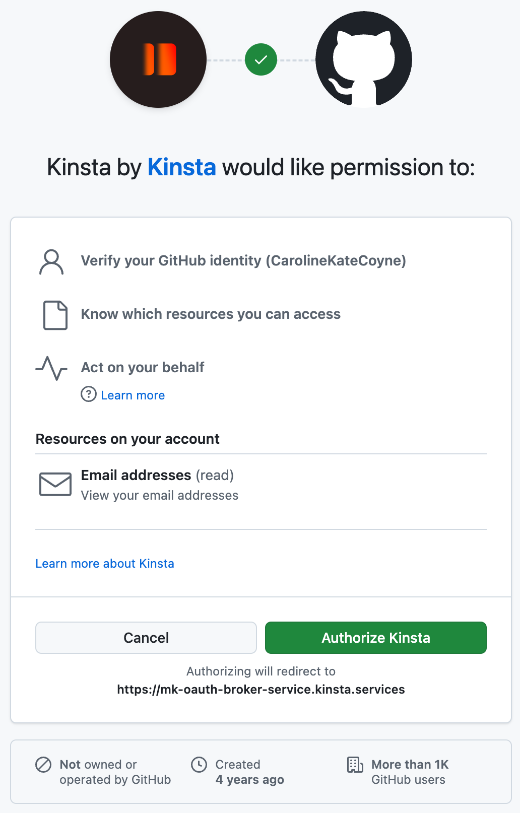 GitHub's authorization page: Kinsta by Kinsta would like permission to verify your identity, know which resources you can access and act on your behalf, with an Authorize Kinsta button