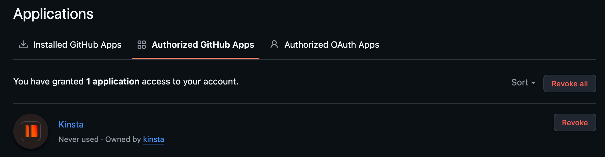 GitHub's Applications settings on the Authorized GitHub Apps tab, with the Kinsta app and its Revoke button
