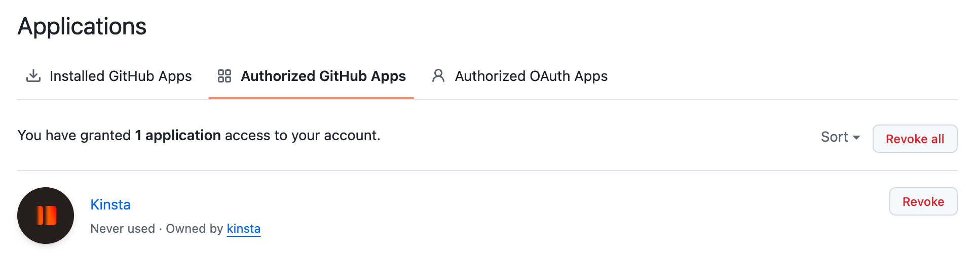 GitHub's Applications settings on the Authorized GitHub Apps tab, with the Kinsta app and its Revoke button