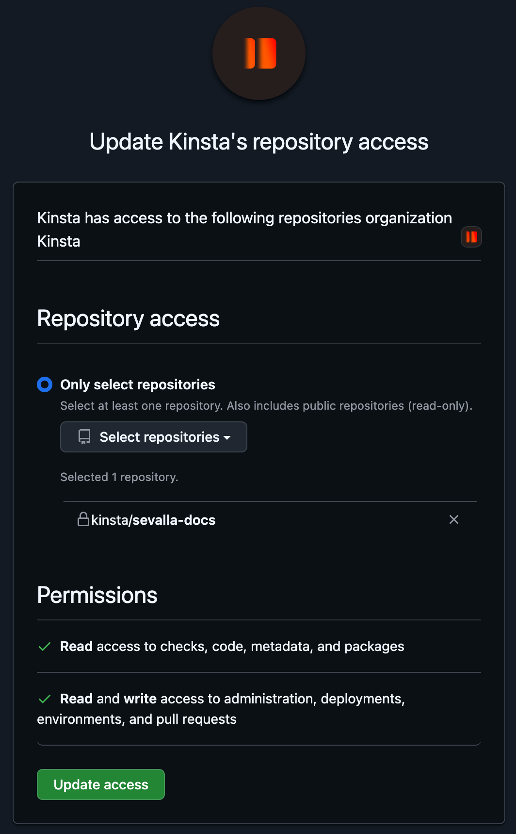 GitHub's Update Kinsta's repository access page with Only select repositories chosen, one repository selected, the permissions, and an Update access button