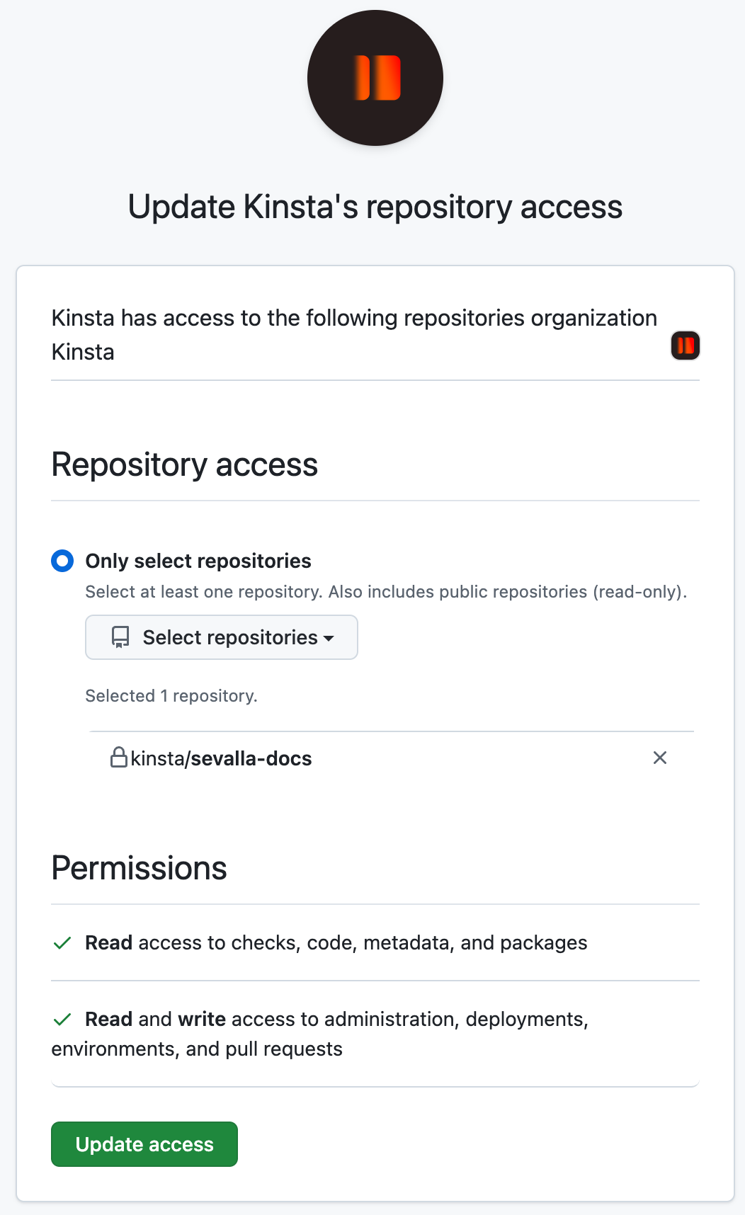 GitHub's Update Kinsta's repository access page with Only select repositories chosen, one repository selected, the permissions, and an Update access button