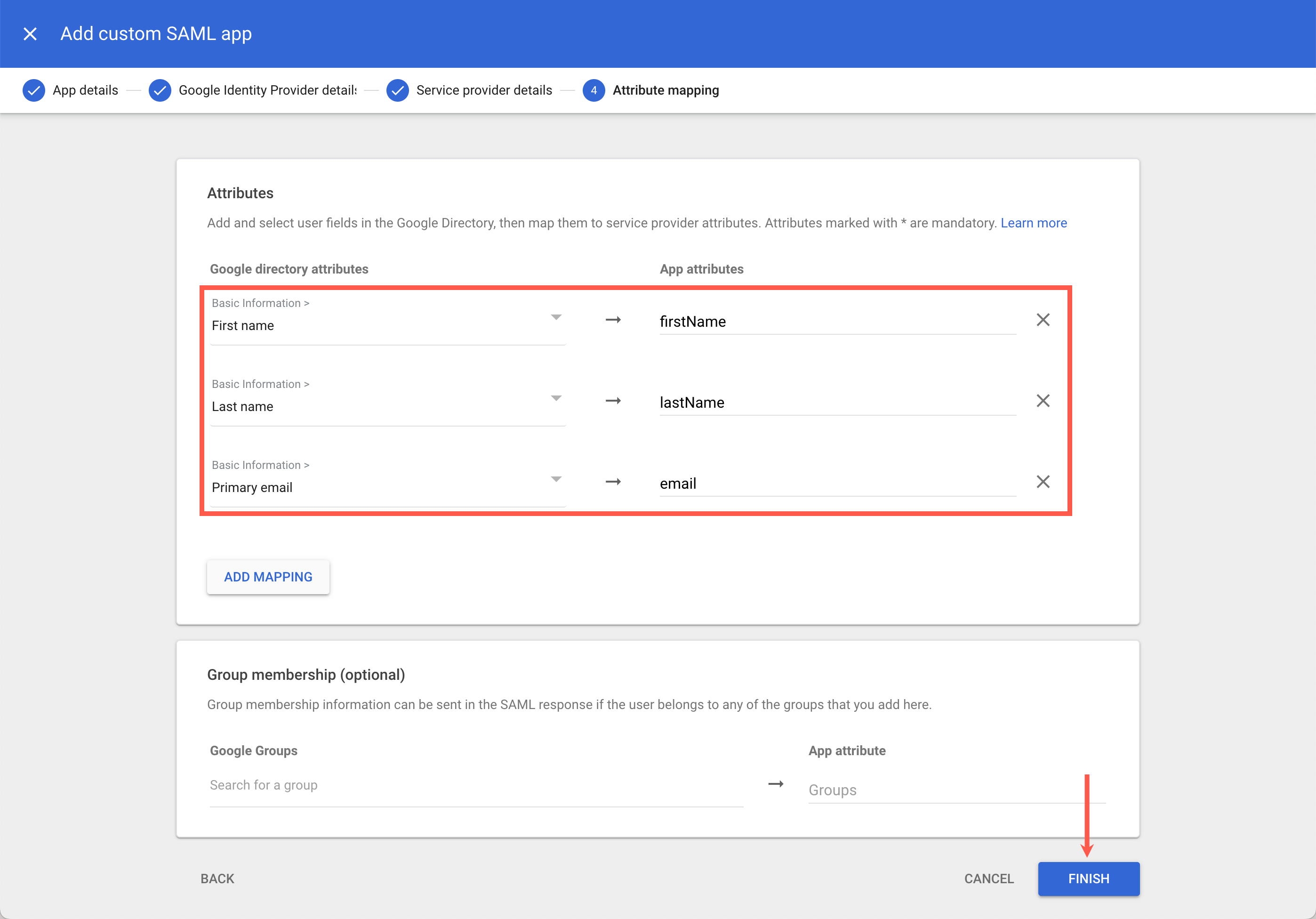 Google's attribute mapping with First name, Last name and Primary email mapped to firstName, lastName and email