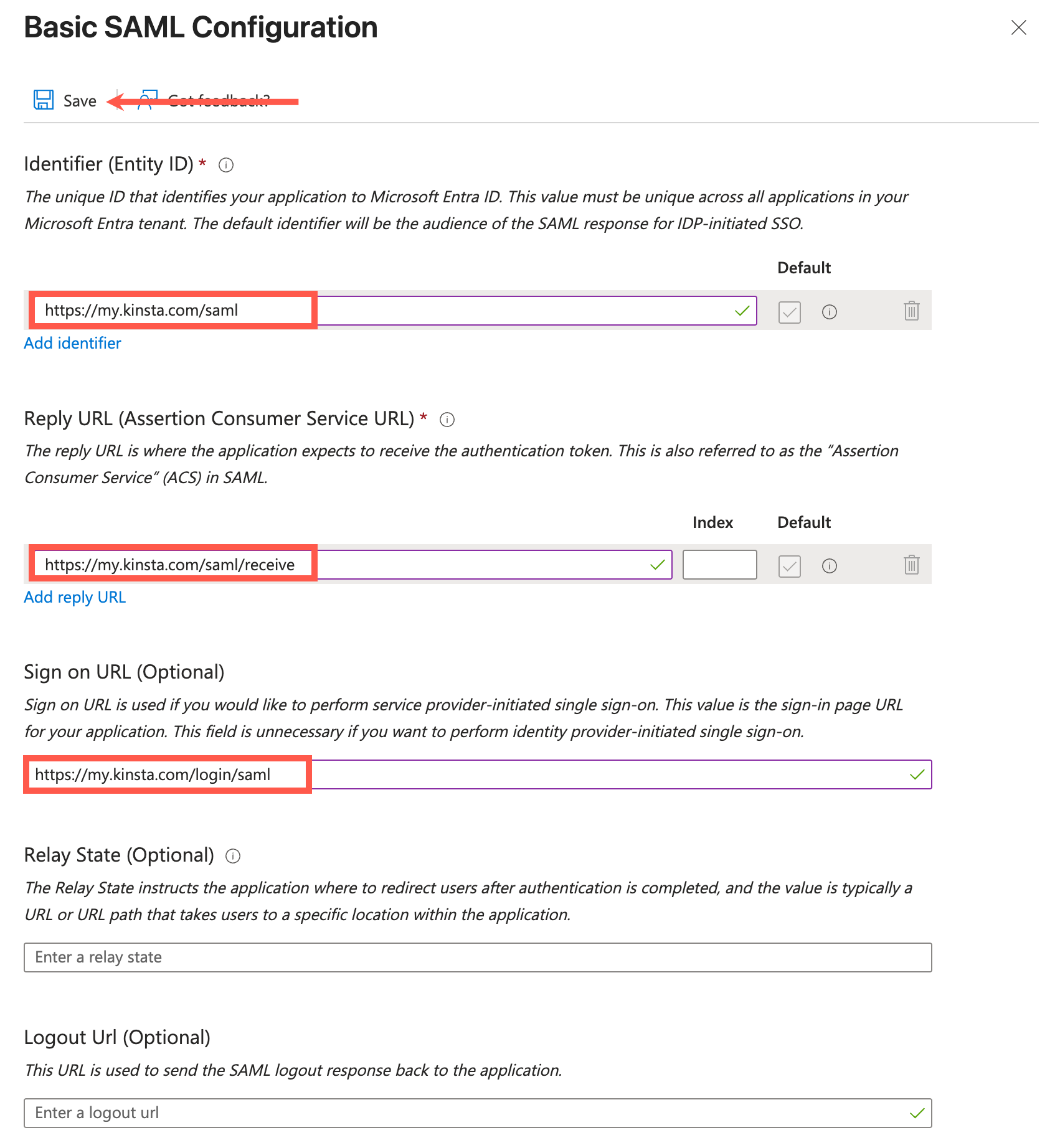 Entra's Basic SAML Configuration panel with the Sevalla identifier, reply URL and sign on URL