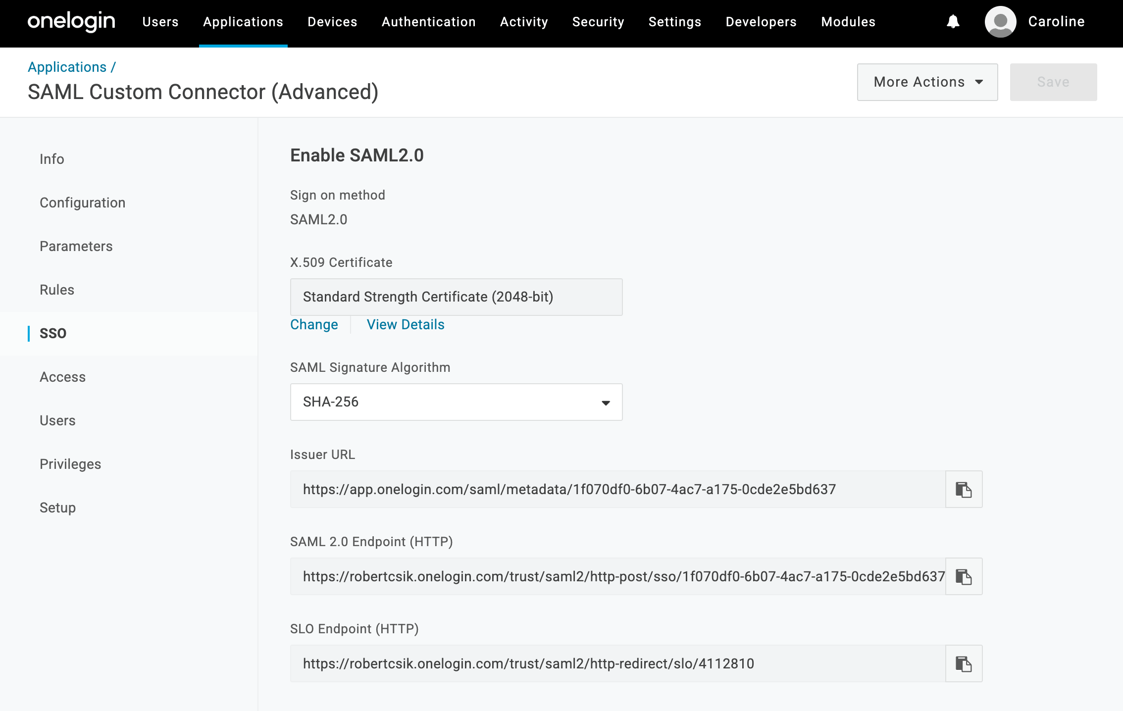 OneLogin's SSO tab with the X.509 certificate, SHA-256 signature algorithm, issuer URL and SAML 2.0 endpoint