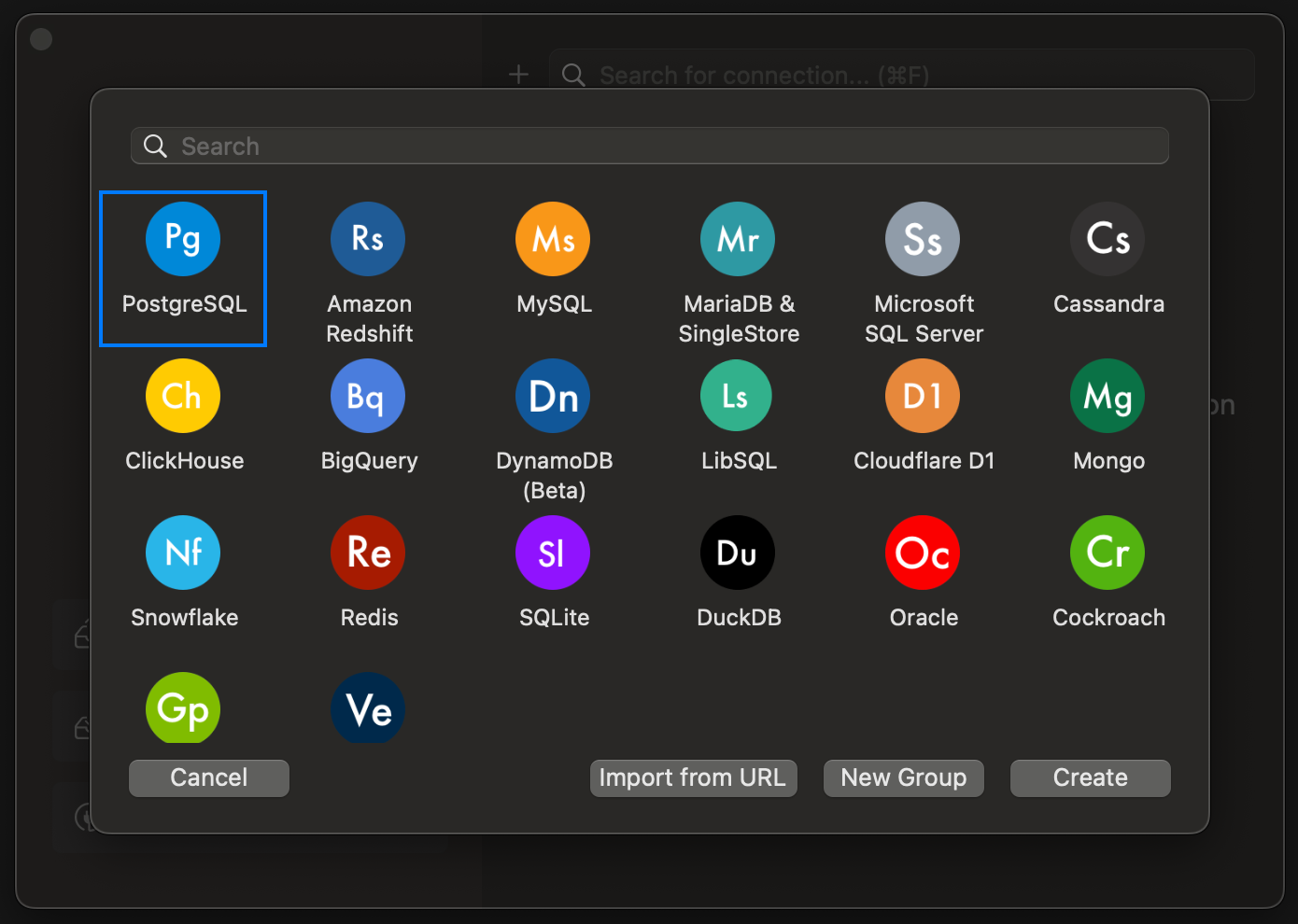 The TablePlus new connection dialog with a grid of database types and the Create button