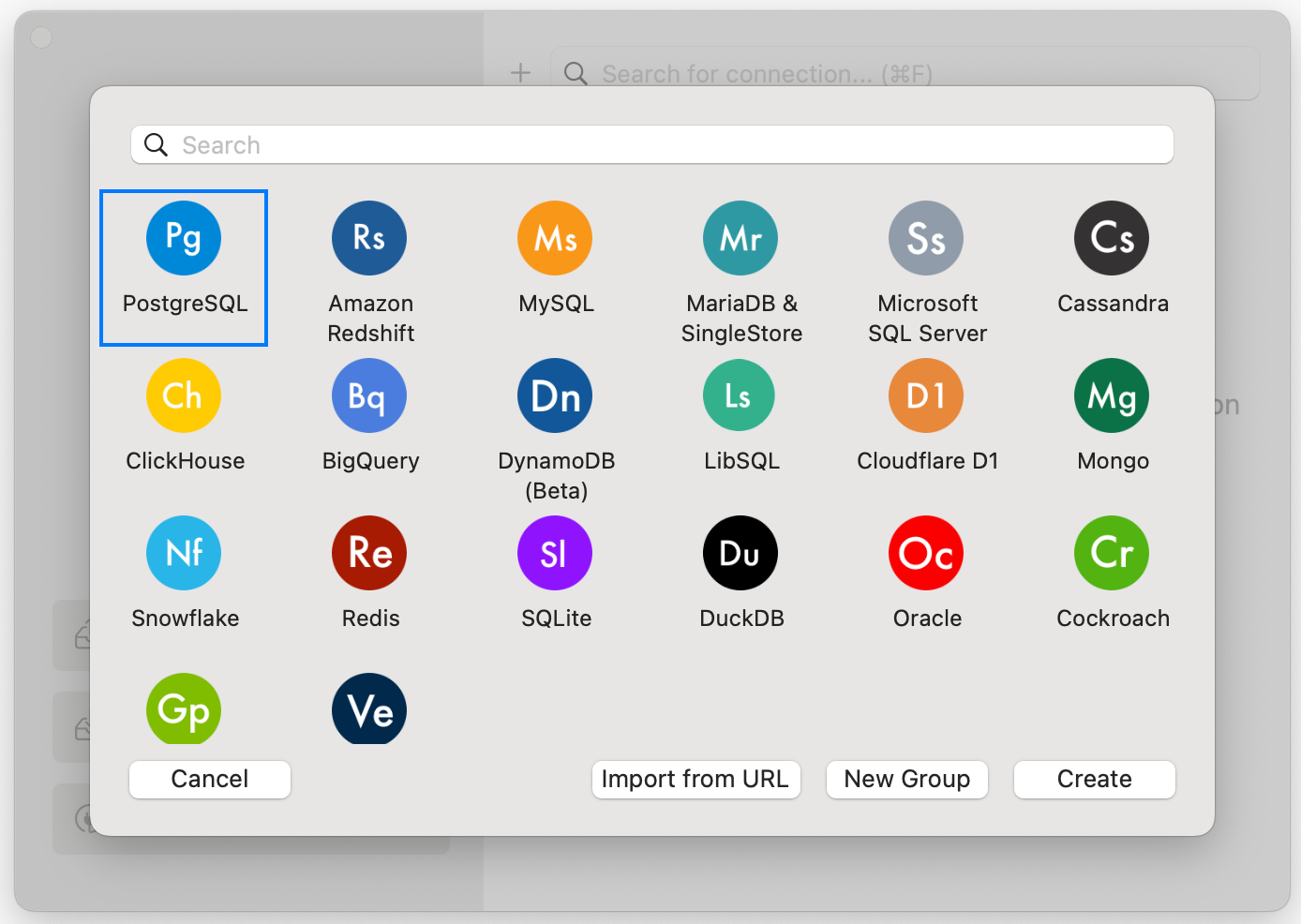 The TablePlus new connection dialog with a grid of database types and the Create button