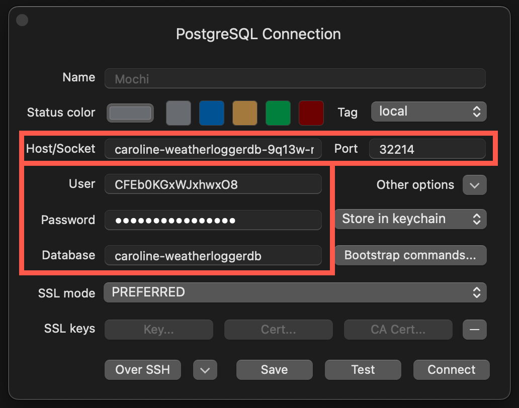 The TablePlus PostgreSQL connection form with the Host/Socket, Port, User, Password and Database fields highlighted