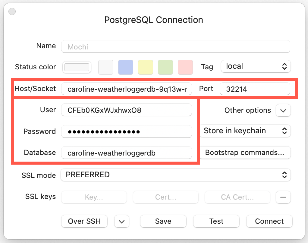 The TablePlus PostgreSQL connection form with the Host/Socket, Port, User, Password and Database fields highlighted