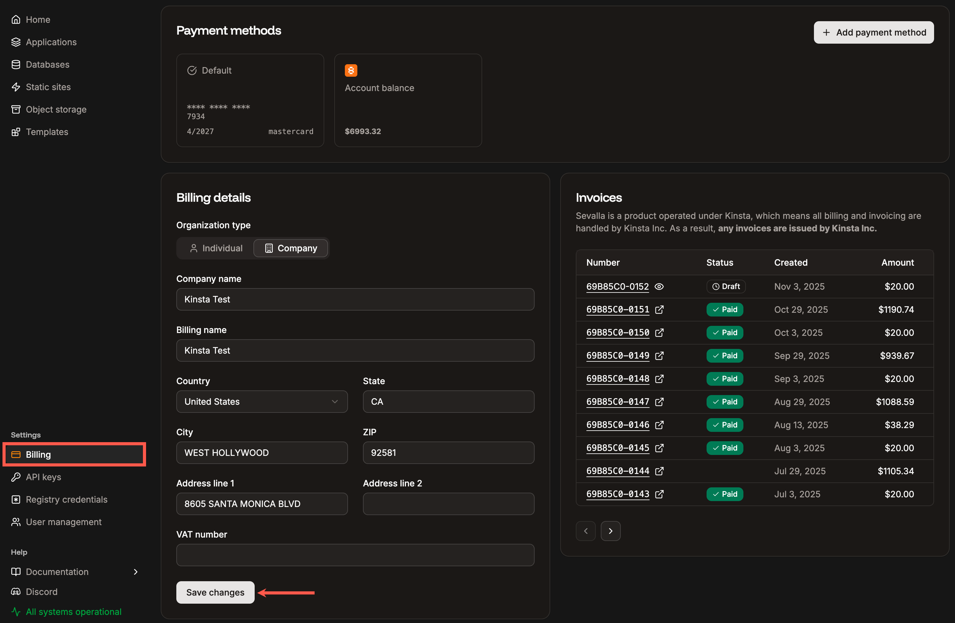 Billing details in Sevalla