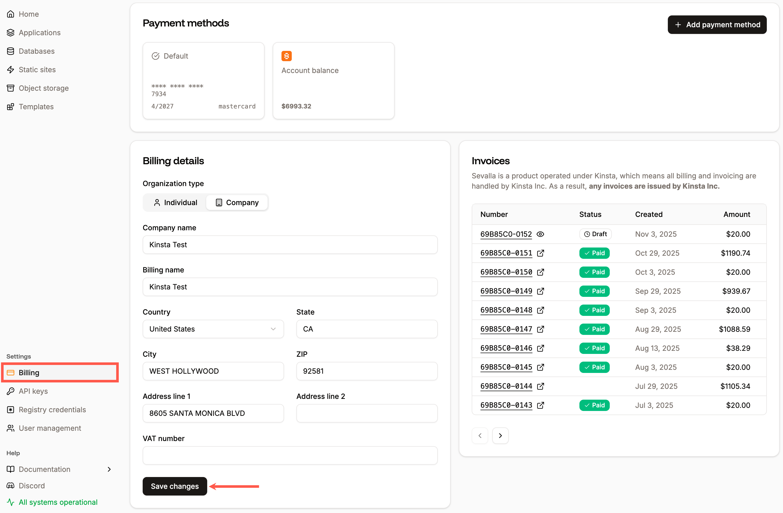 Billing details in Sevalla