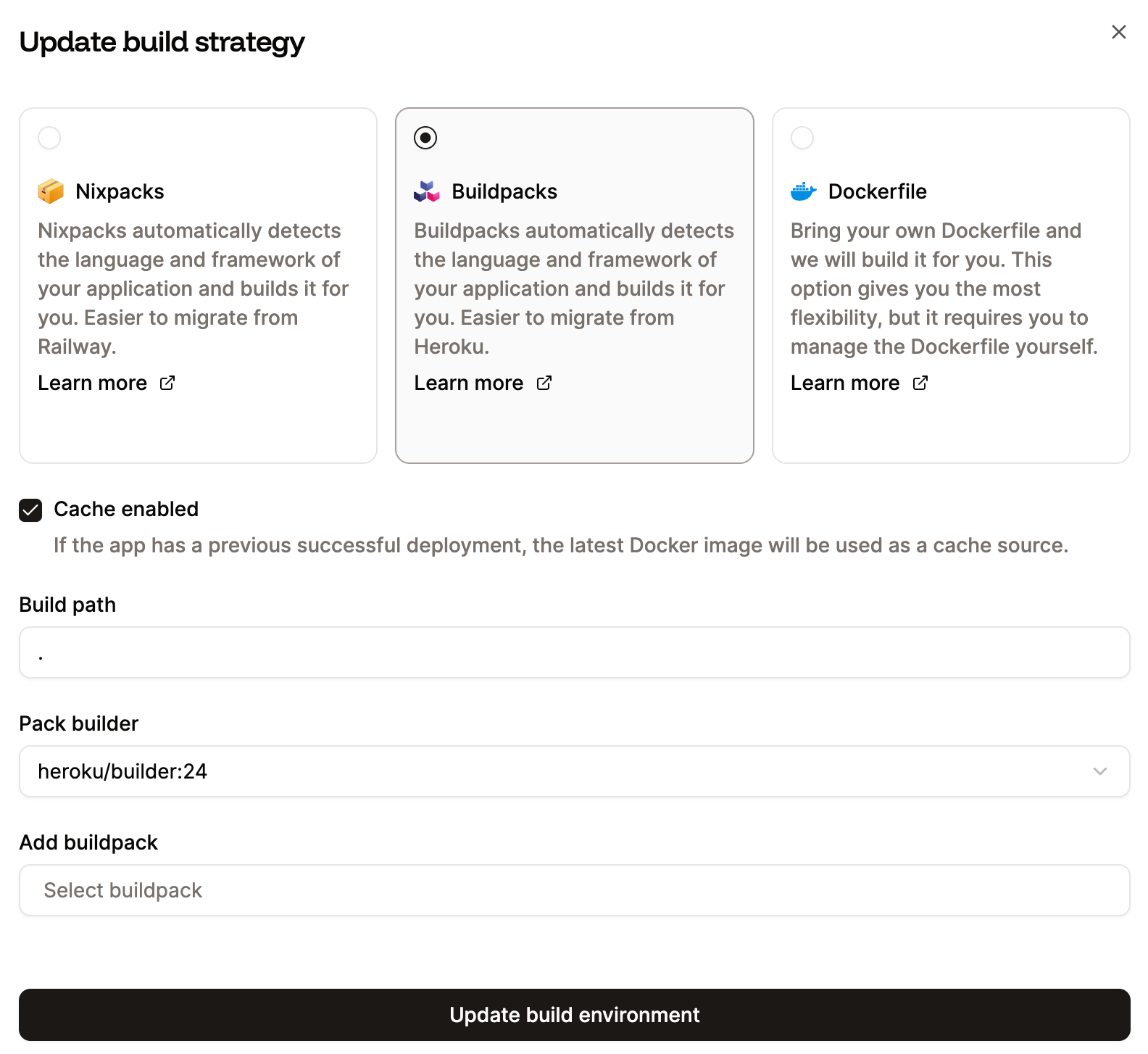 Select Buildpacks for your build environment