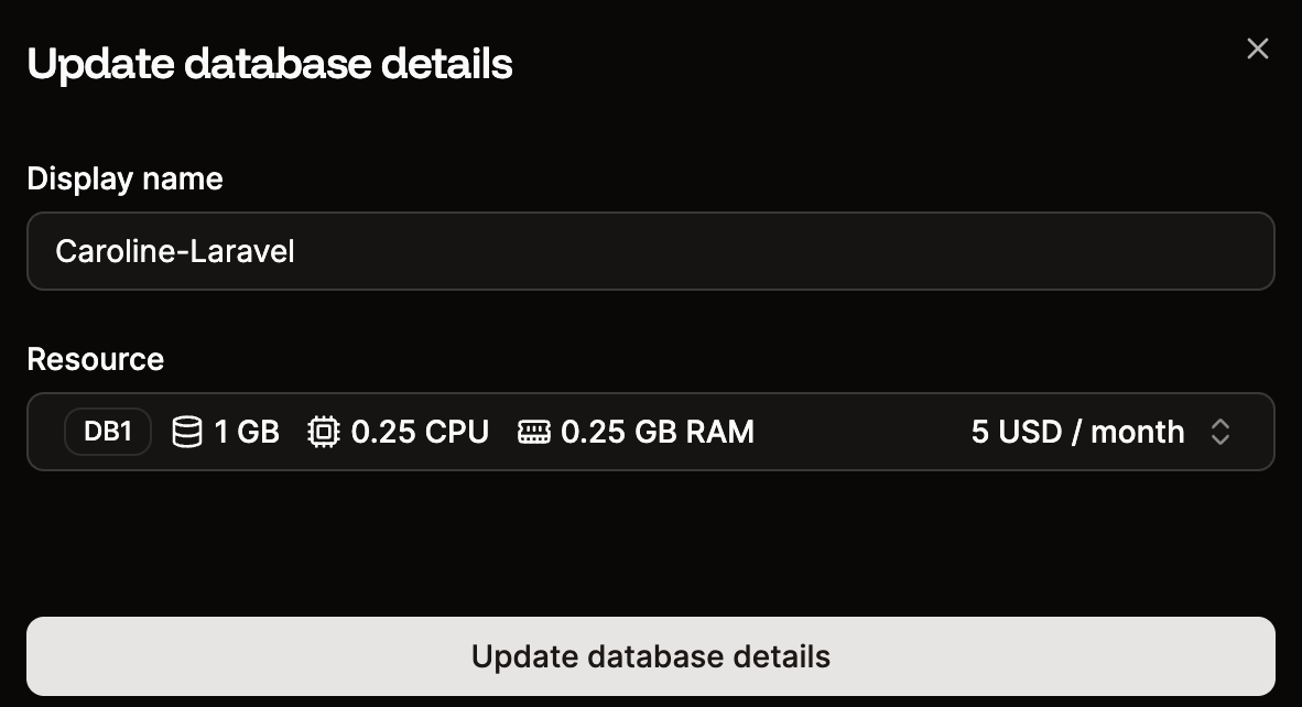 Change the database name or size in the Database details