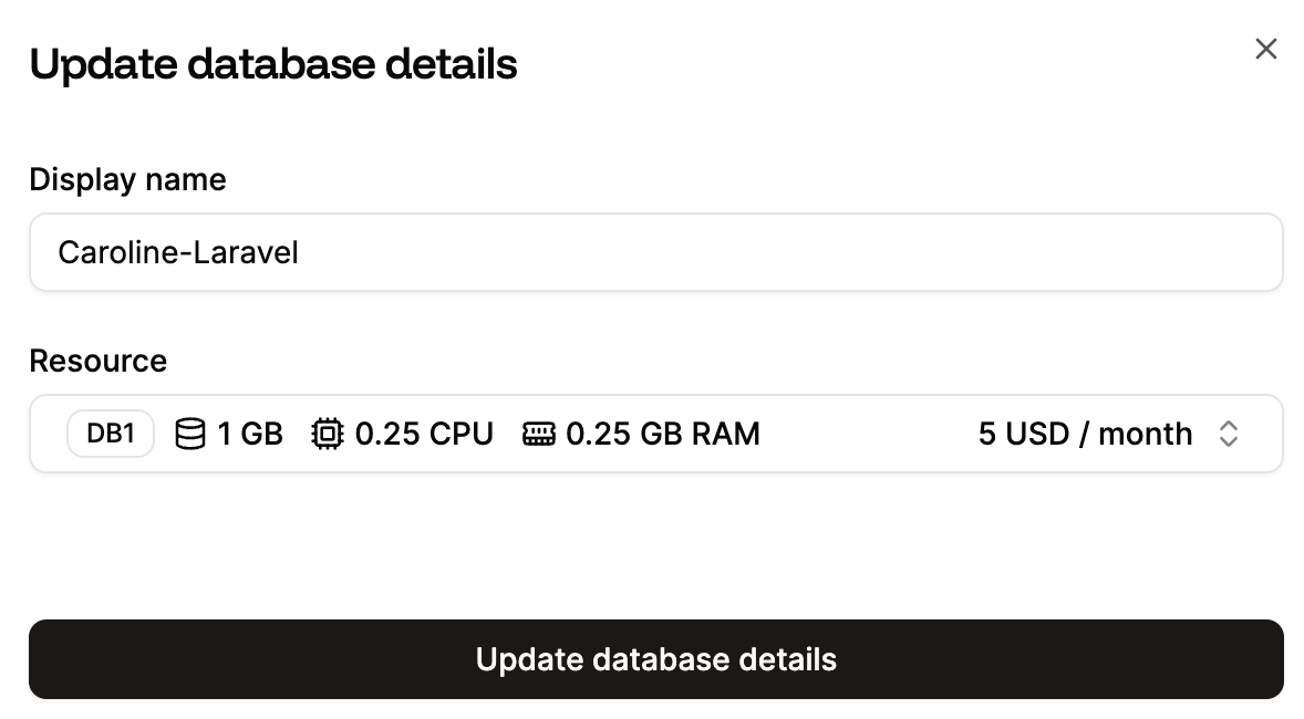 Change the database name or size in the Database details