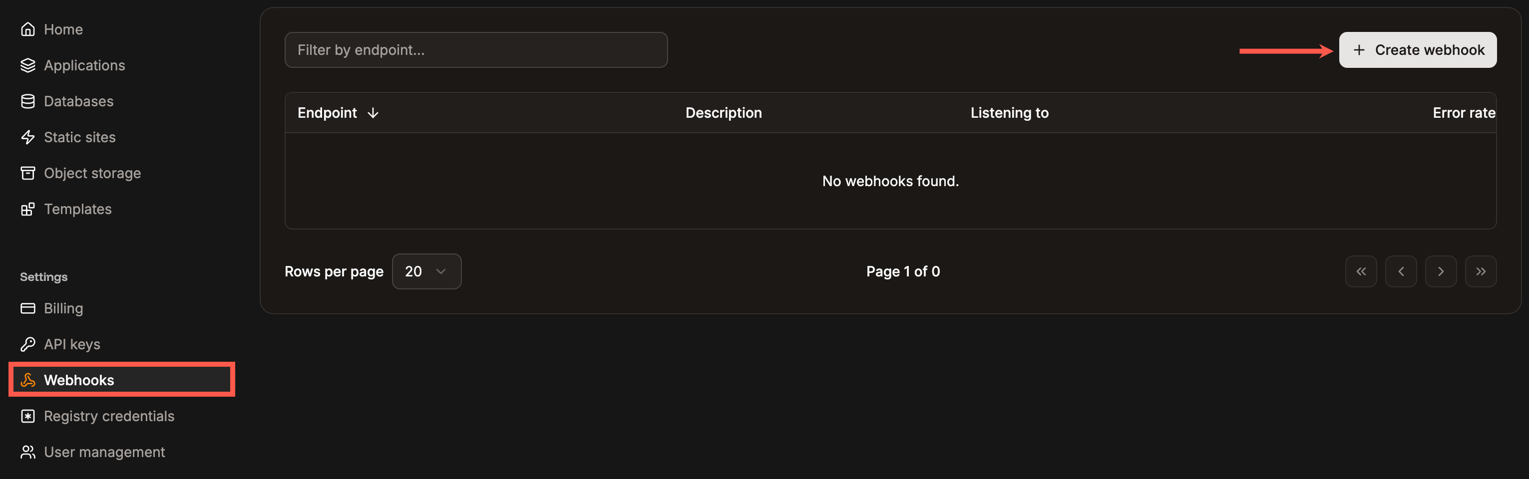 Create a new webhook in Sevalla