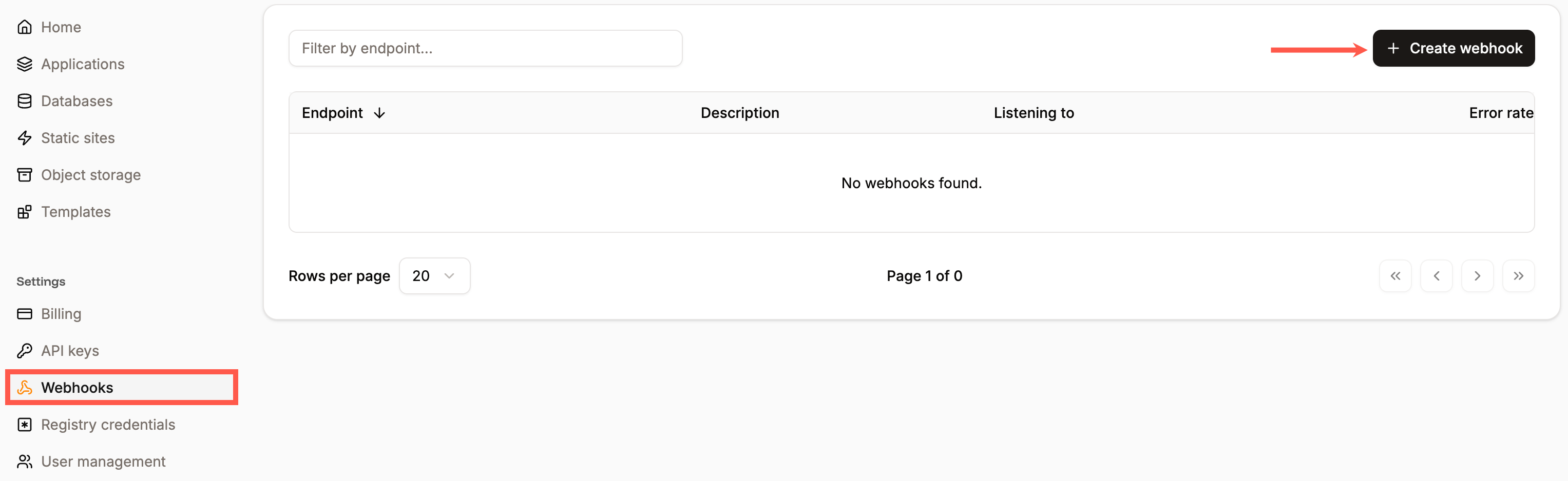 Create a new webhook in Sevalla