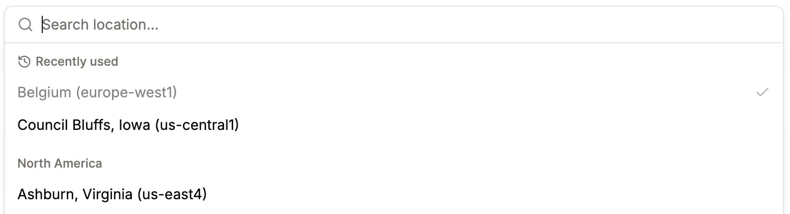 Sevalla dashboard showing the recently used locations in the location selector