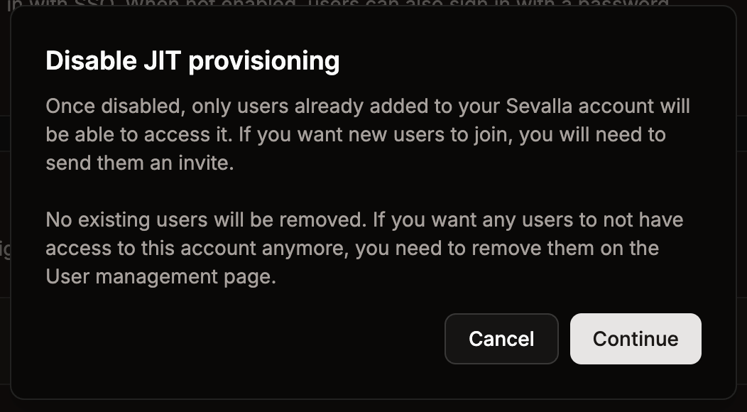 Disable JIT provisioning in Sevalla
