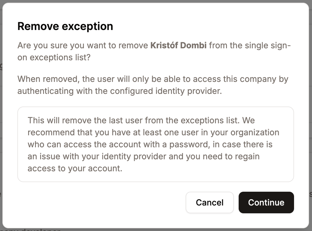 Warning message when you remove the last user from the SSO exceptions