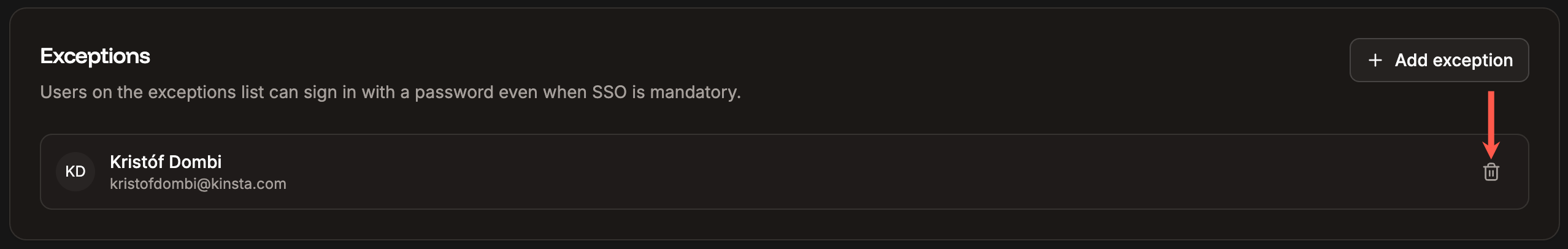 Remove a user from exceptions