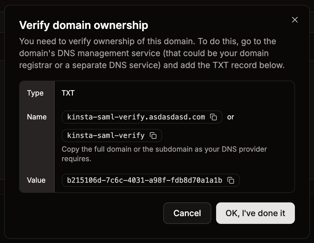Add the TXT record to your DNS to verify ownership