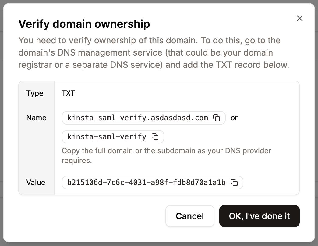 Add the TXT record to your DNS to verify ownership