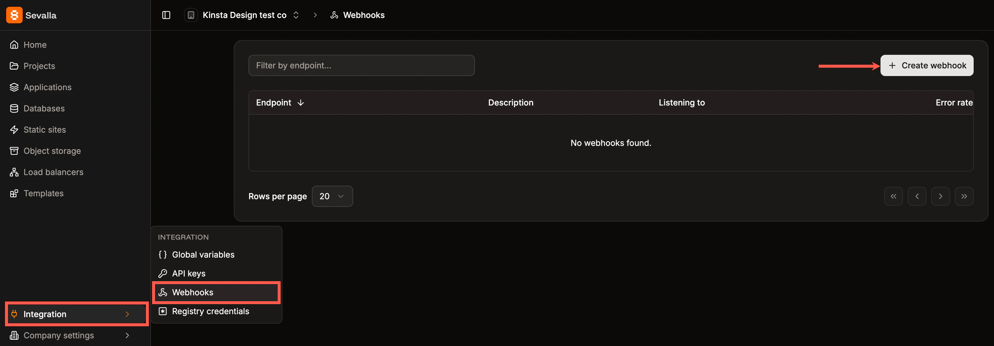 Create a new webhook in Sevalla