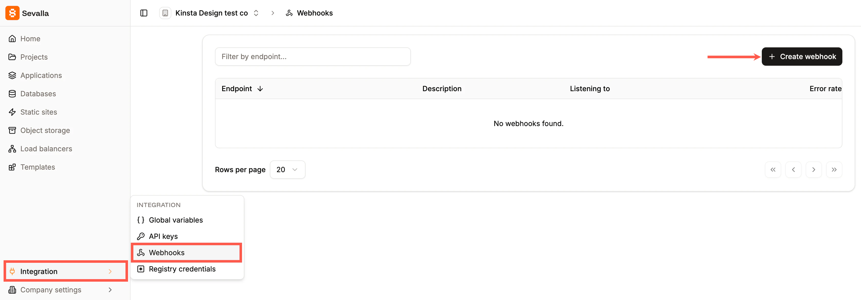 Create a new webhook in Sevalla