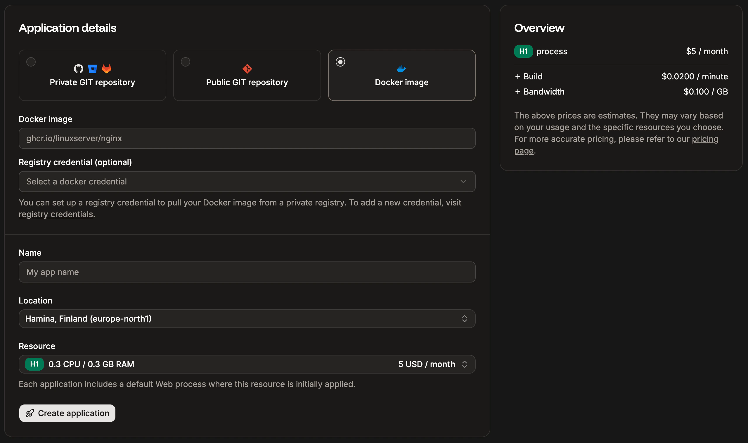 Add a new application using a Docker image