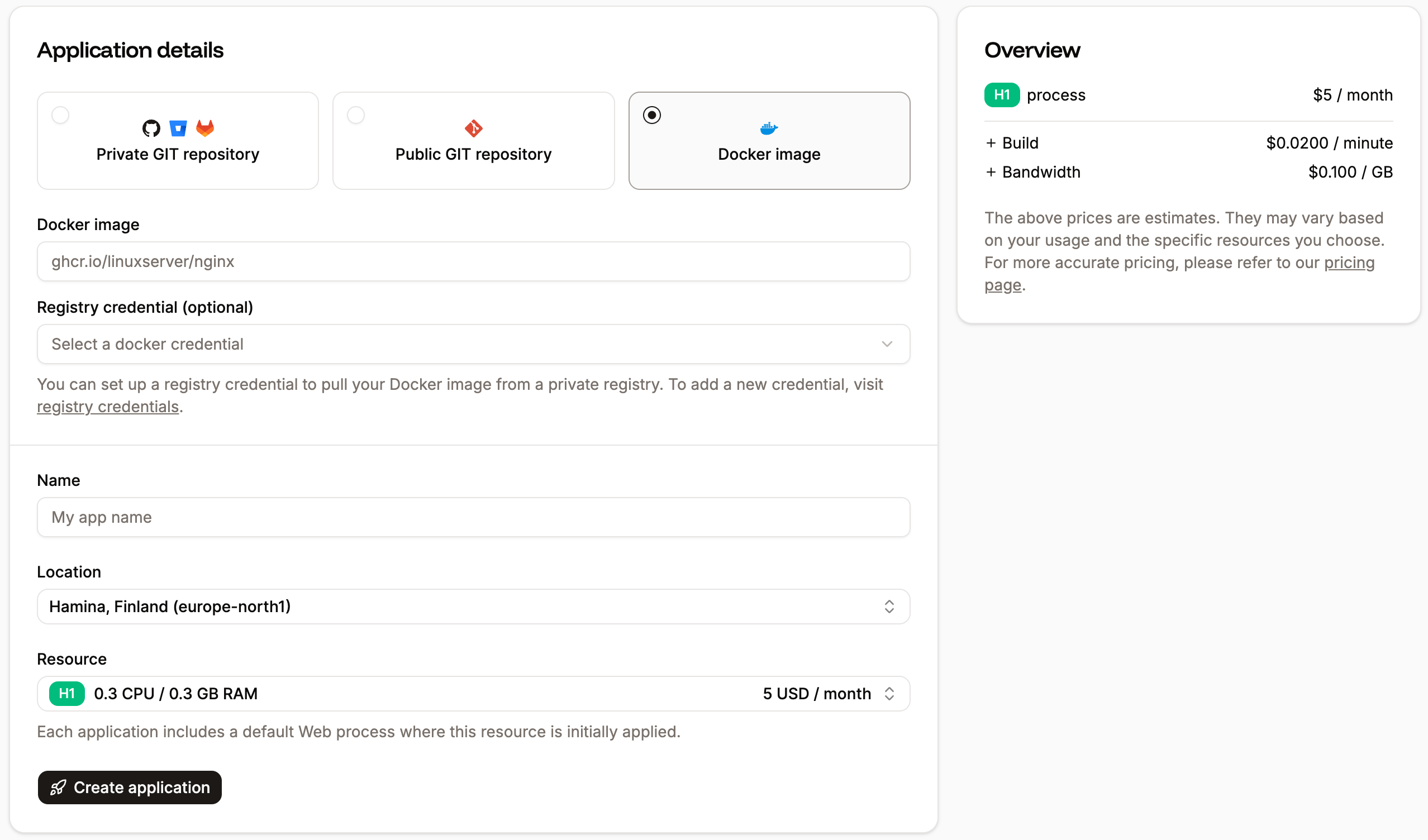 Add a new application using a Docker image