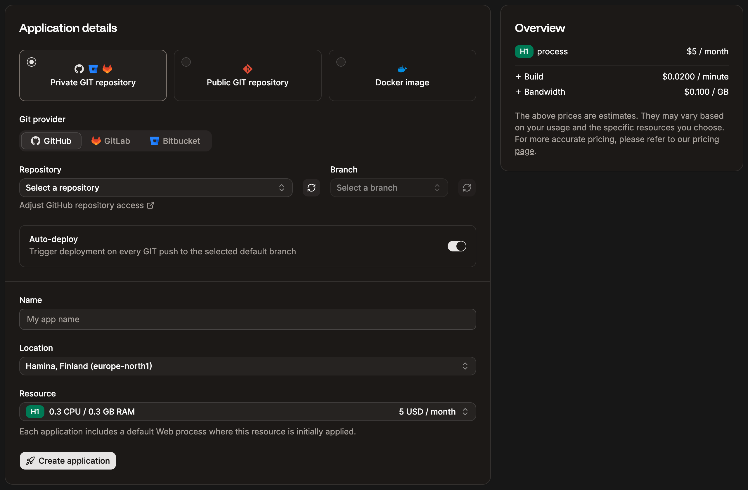 Add a new application using a private Git repository