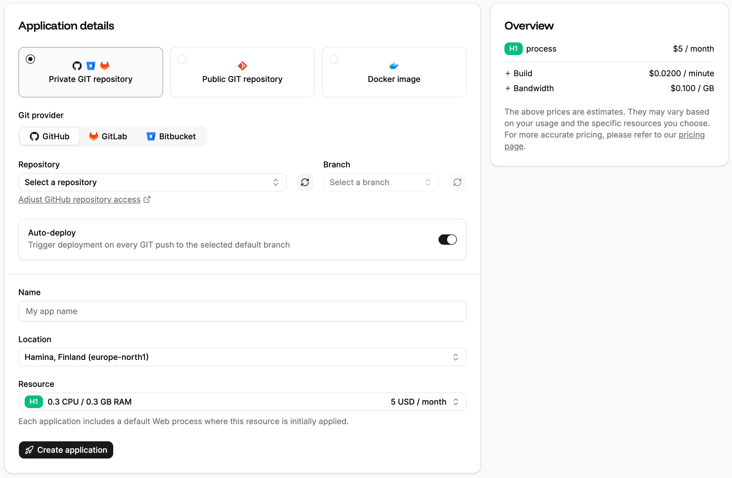 Add a new application using a private Git repository