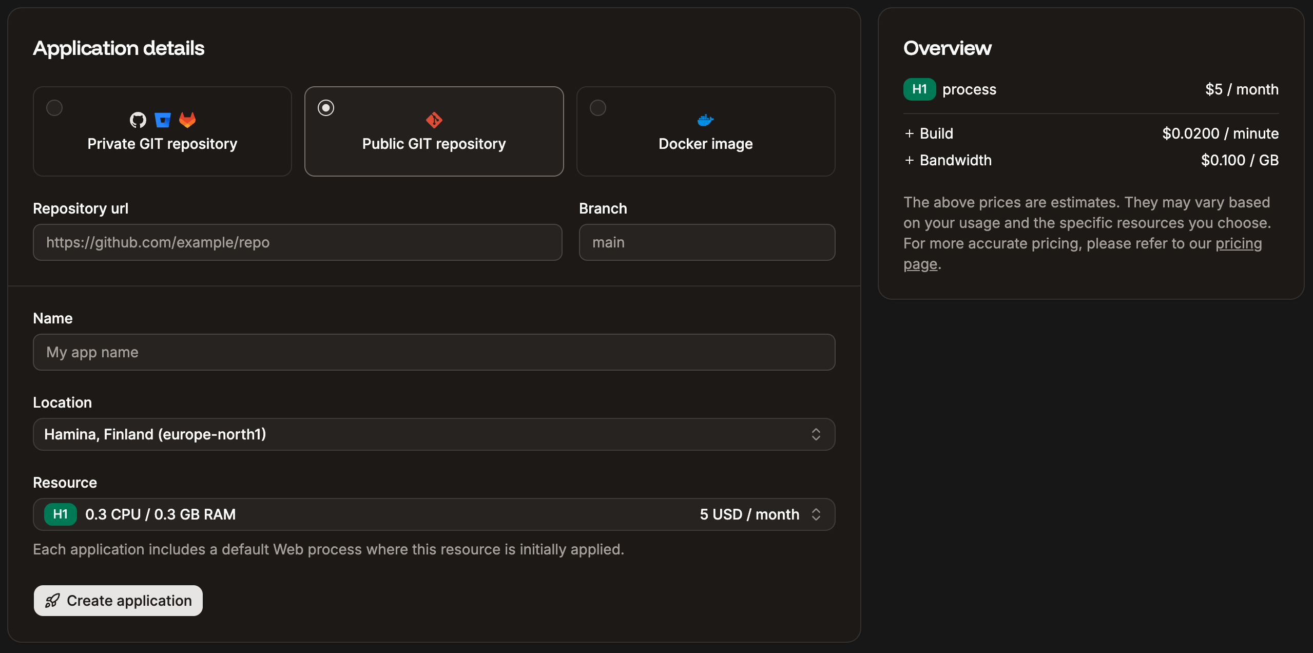 Add a new application using a public Git repository