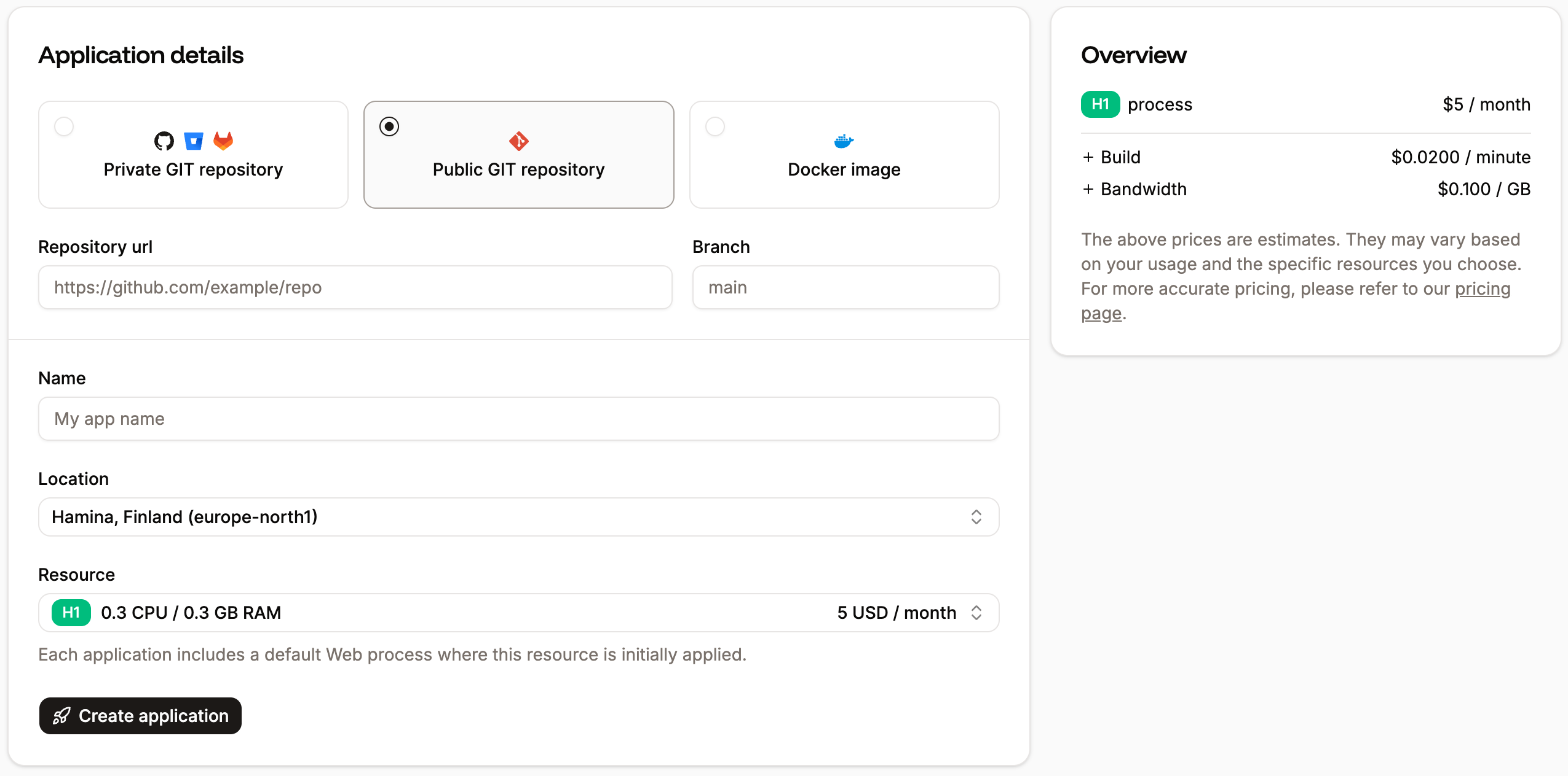 Add a new application using a public Git repository