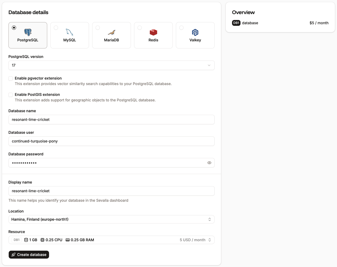Attached Database Add a database - Sevalla docs