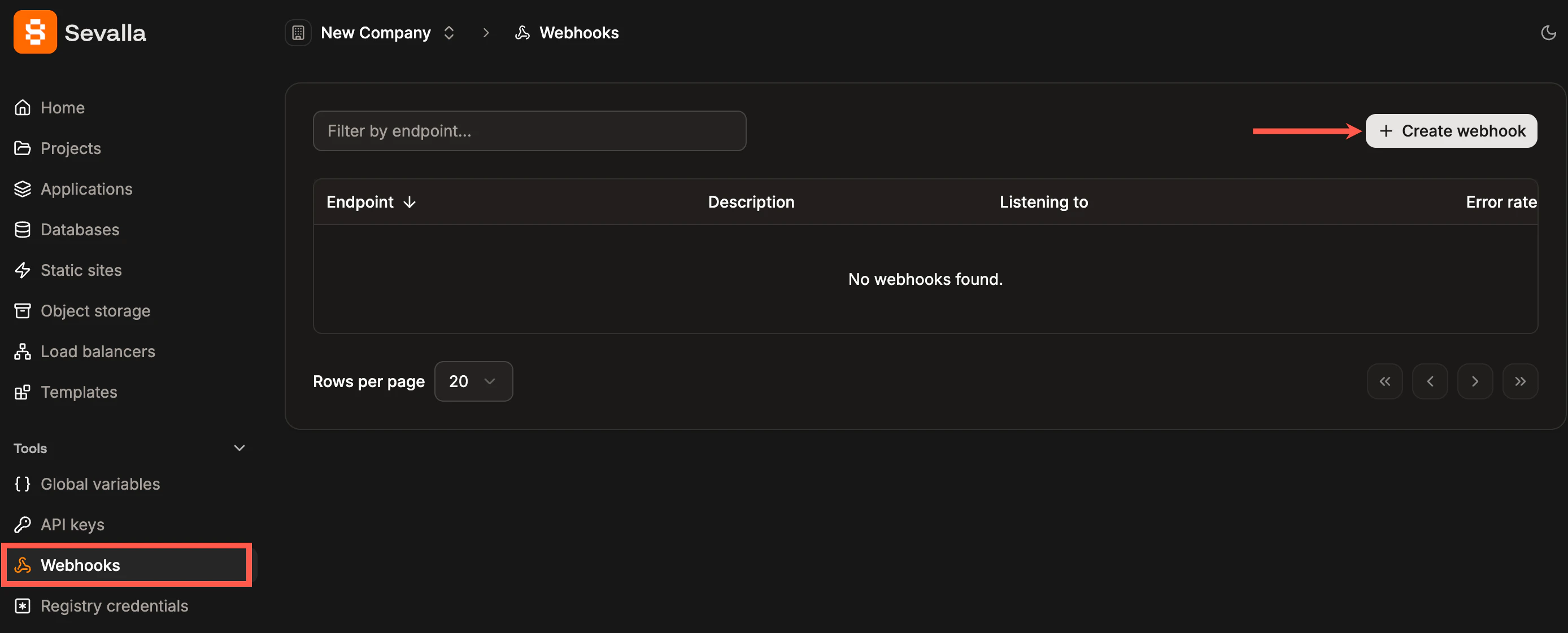 Create a new webhook in Sevalla