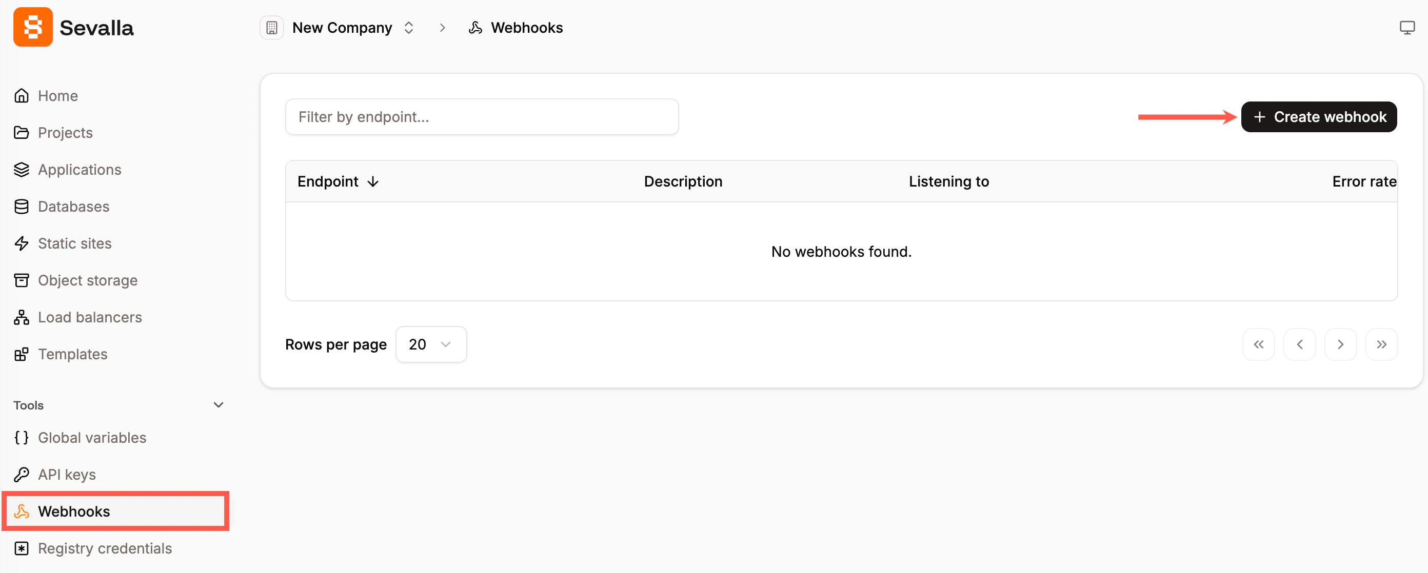 Create a new webhook in Sevalla