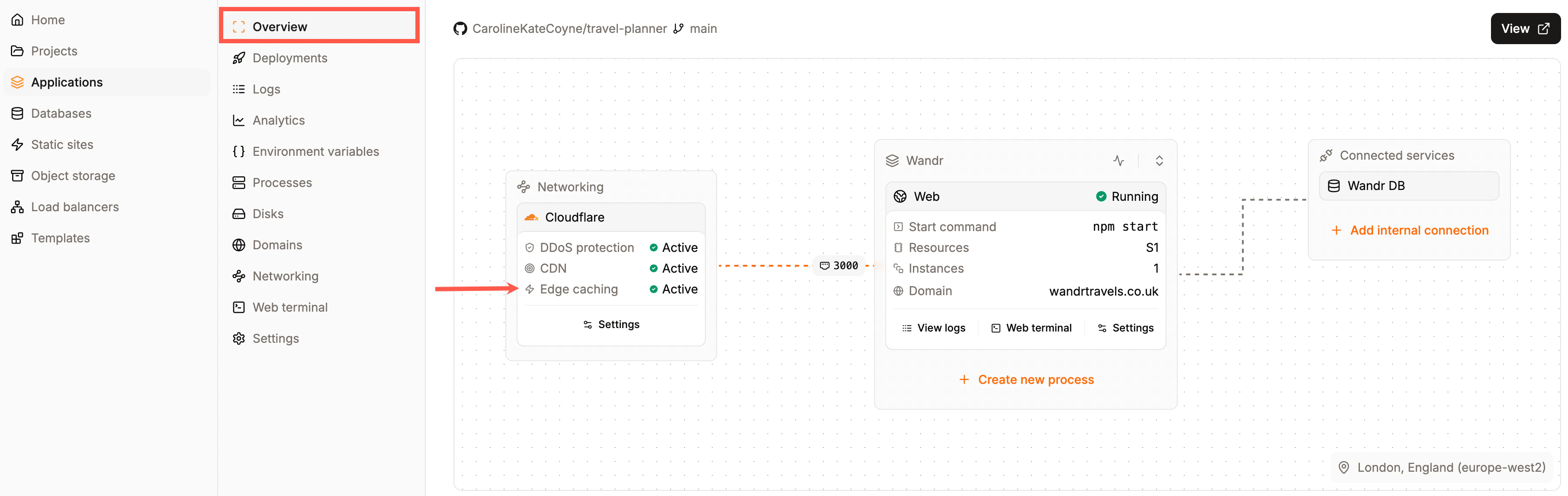 Application Overview page showing Edge caching is enabled