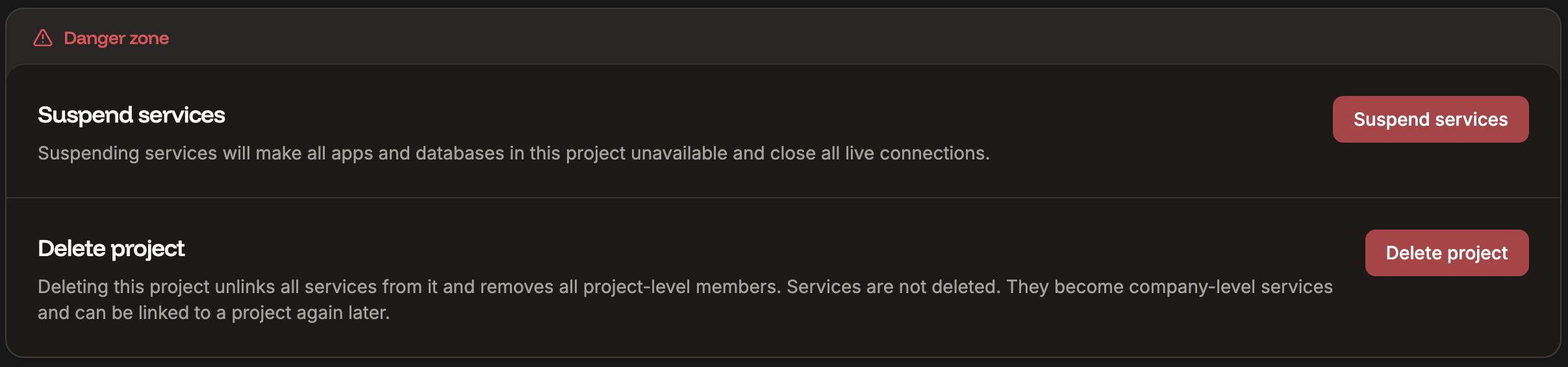 Danger zone settings for your project