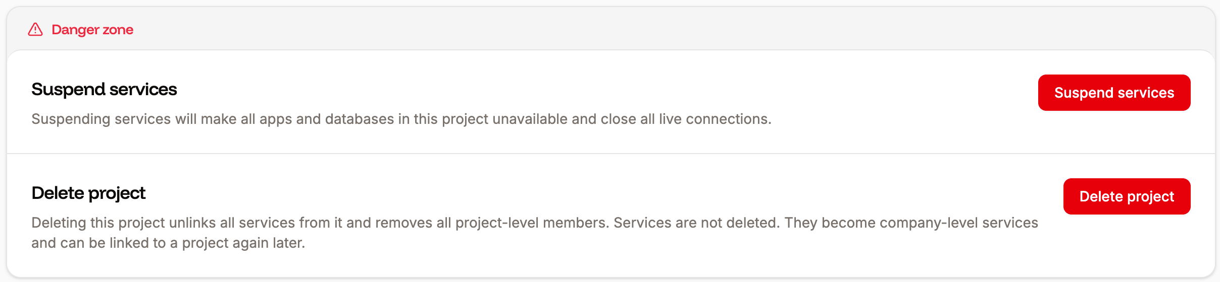 Danger zone settings for your project