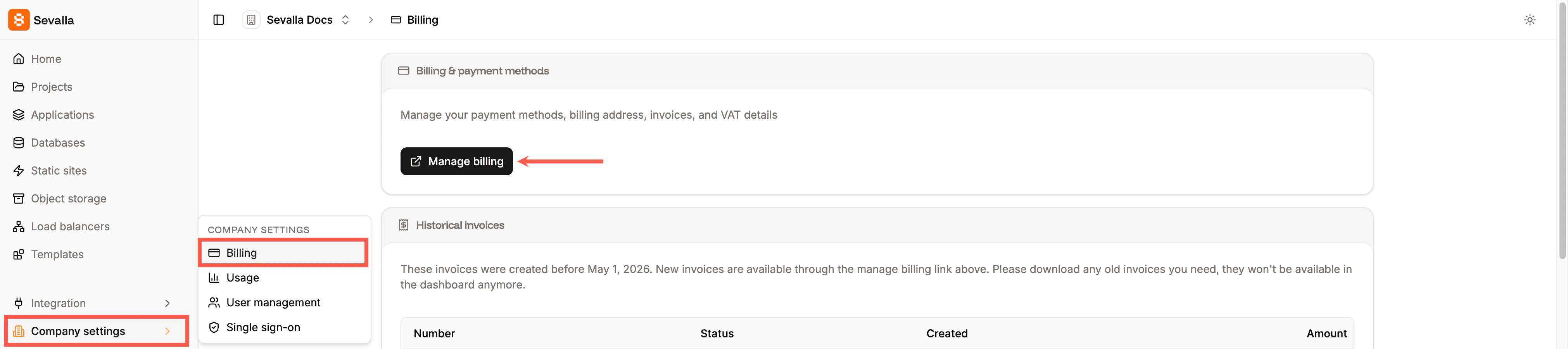 Manage billing in Sevalla