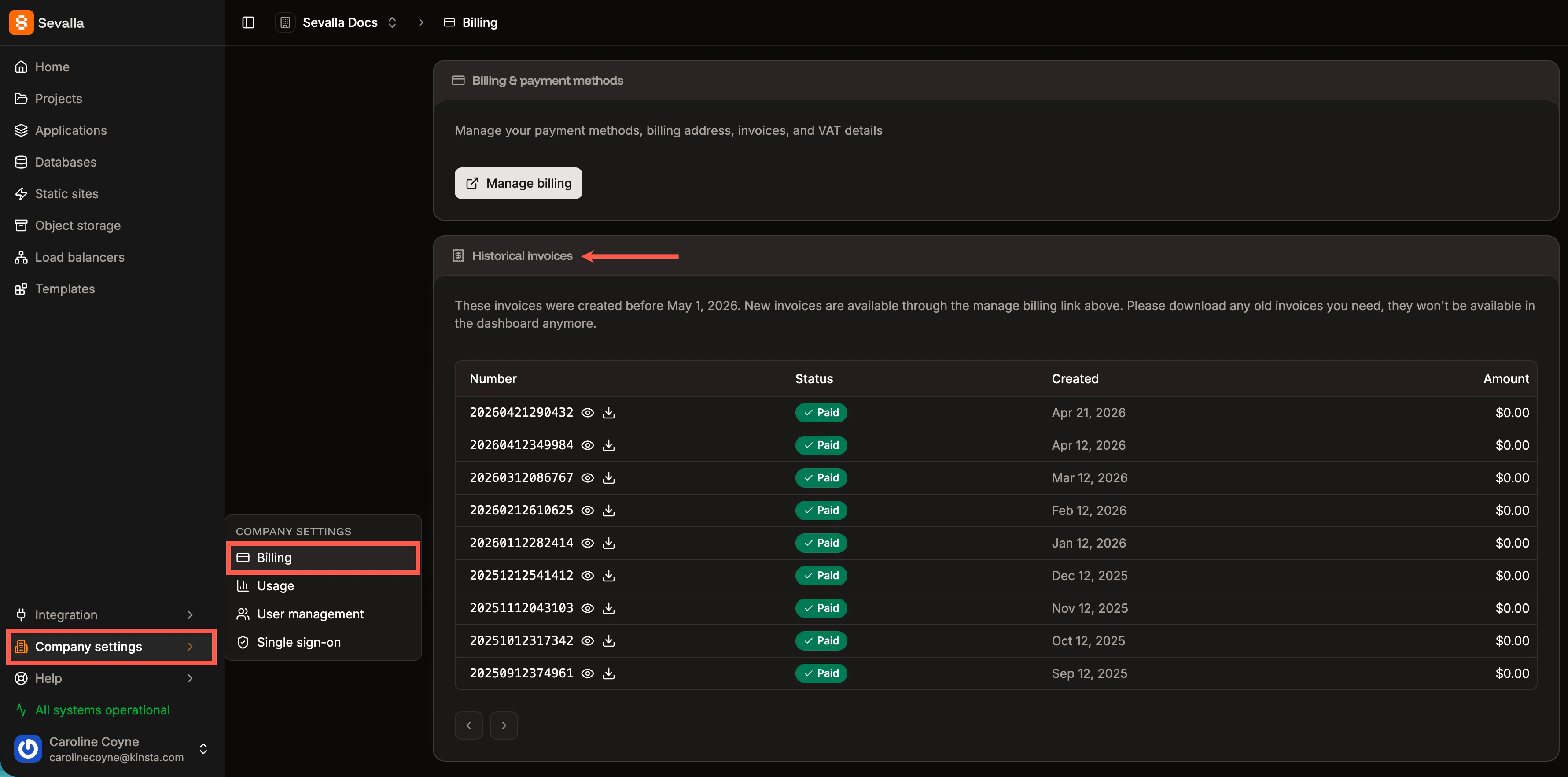Hosting invoices in Sevalla