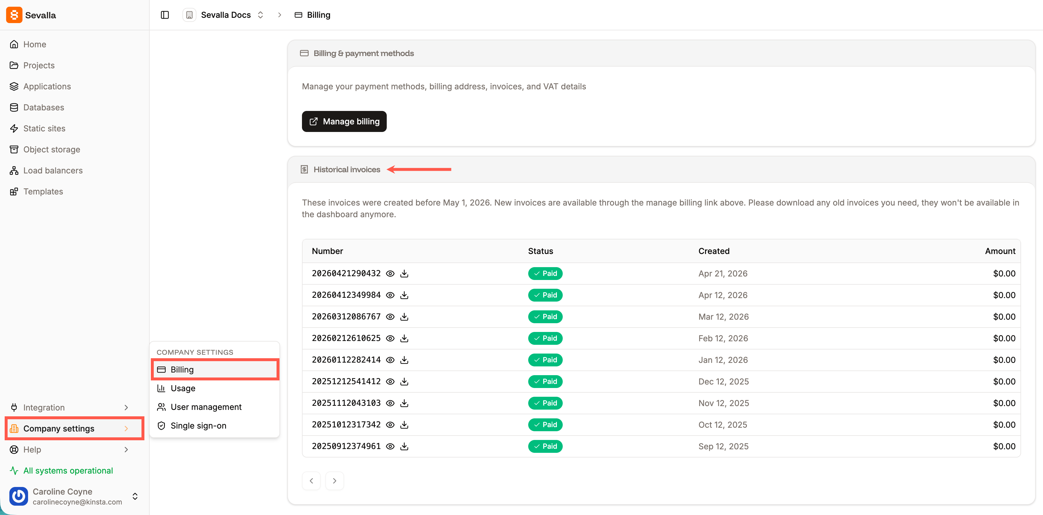 Hosting invoices in Sevalla