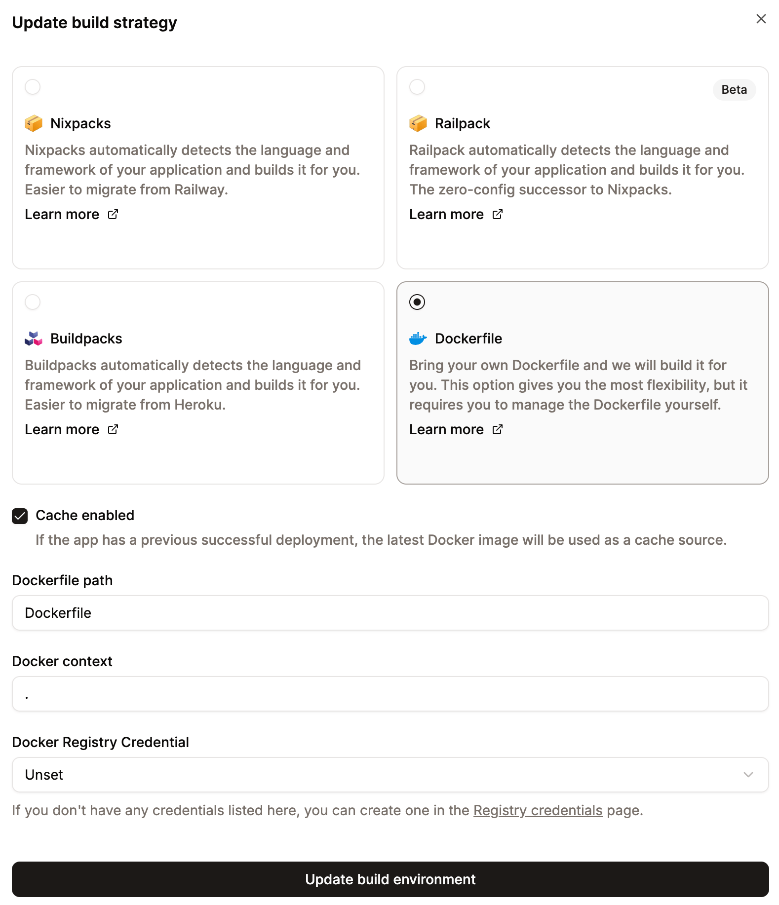Select Dockerfile for your build environment