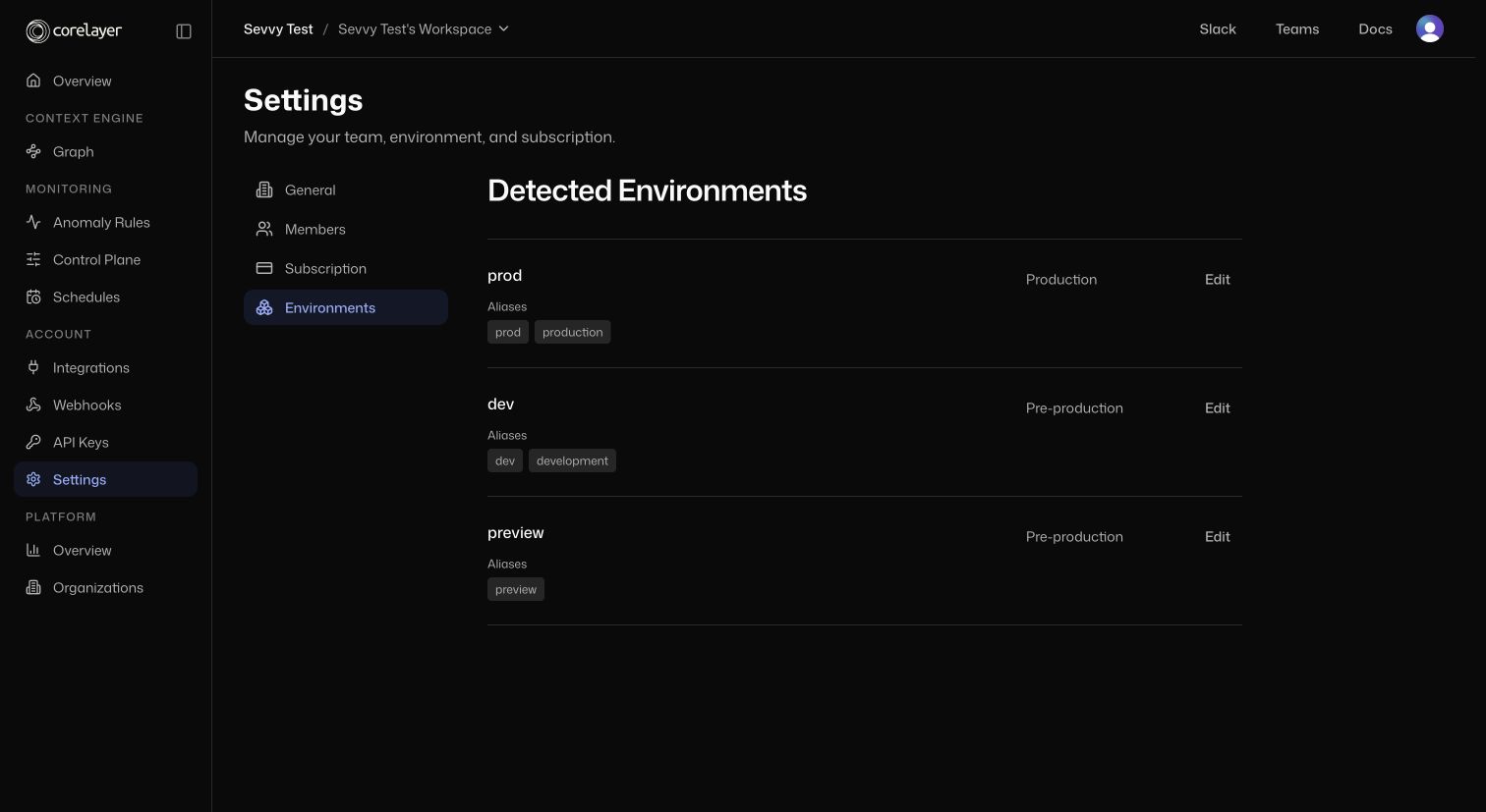 Corelayer Settings with Environments selected and detected prod, dev, and preview environments, their aliases, and production classifications.