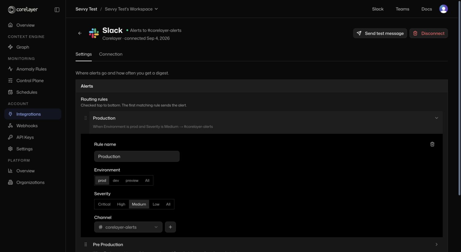 Slack integration Settings with a Production routing rule expanded, showing prod selected under Environment, Medium under Severity, and corelayer-alerts as the Channel.